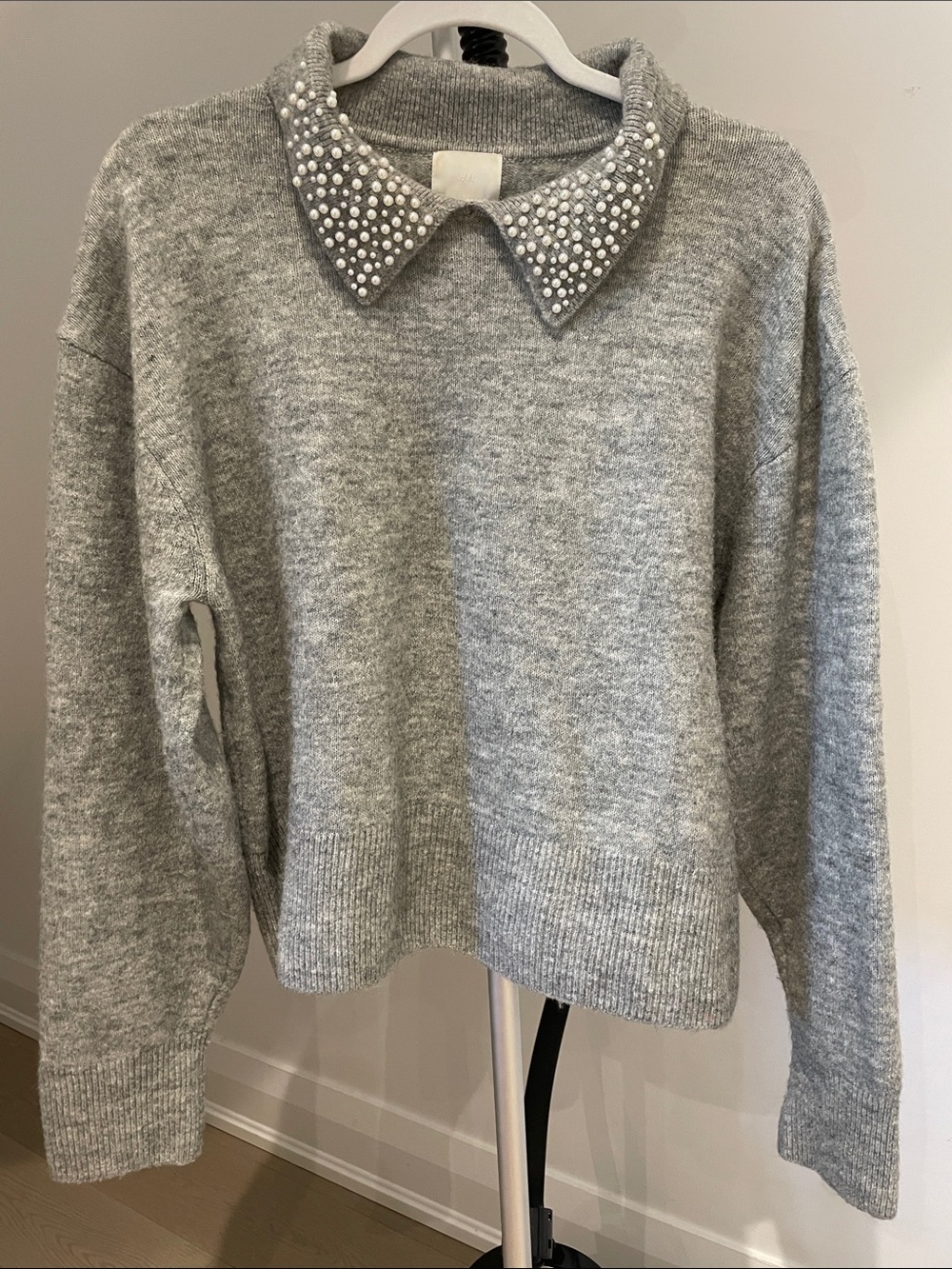 H&M Pearl Embellished Collar Gray Sweater